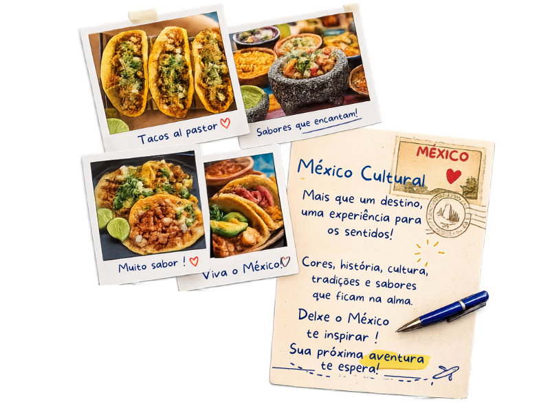 Pratos típicos da gastronomia mexicana e cartão-postal do México